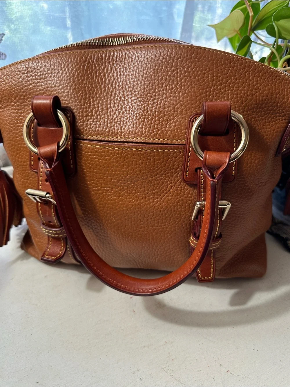 Dooney & Bourke Rustic Brown Pebbled Leather Domed Tassel Satchel - Picture 3 of 12